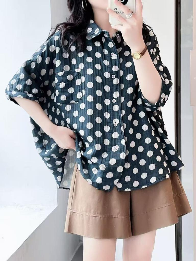 1116 Sommer Neu Damen Revers Japanischer Polka-Dot Top Cardigan Lässiger Literarischer Stil Ins Kurze Ärmel