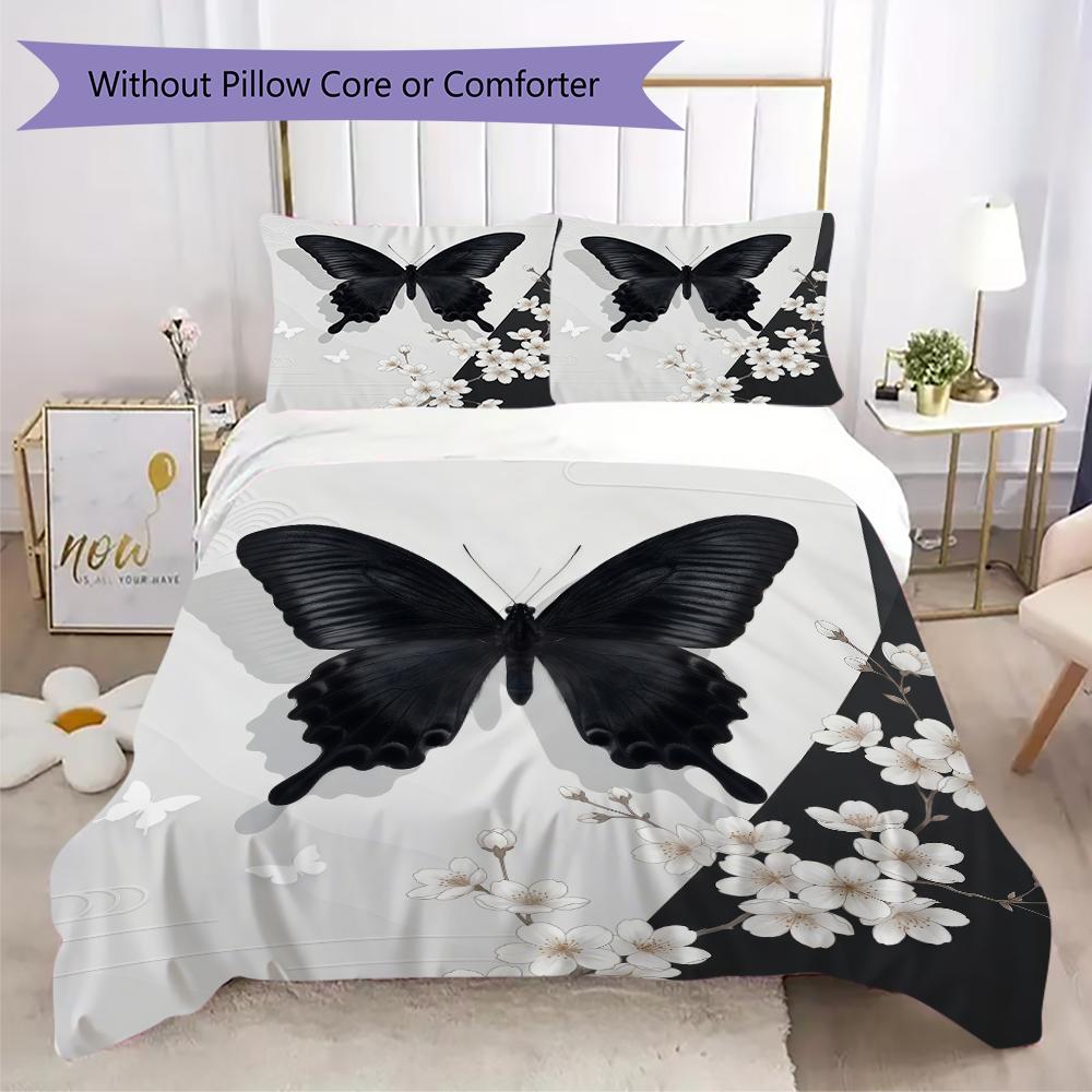 Black Butterfly Pattern Bedding Uilt Set Uilt Cover Pillowcase Home Decoration Birthday Gift (1 * Duvet Cover + 2 * Pillowcase Without Core)