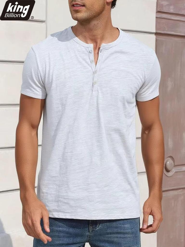 Men's Cotton T-shirt Fashion Button Design Breathable Solid Color Short-sleeved Henley Neck Tops Slim Fit Cozy Male Casual Tees