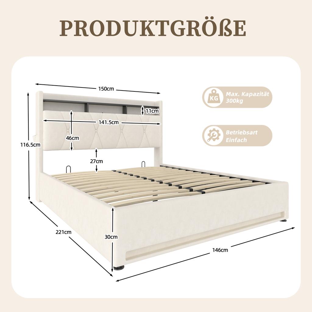140 x 200cm Upholstered Bed Frame with LED Lighting, USB Type-C Charging and Under-Bed Storage, Hydraulic Storage Bed Frame, Beige, No Mattress