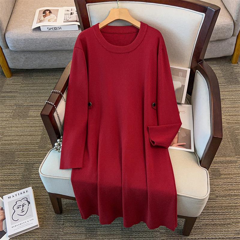 Plus Size Women's Loose Long Sweater Dress, Bust 150/160, 200/350 Jin, Round Neck, Style 8093