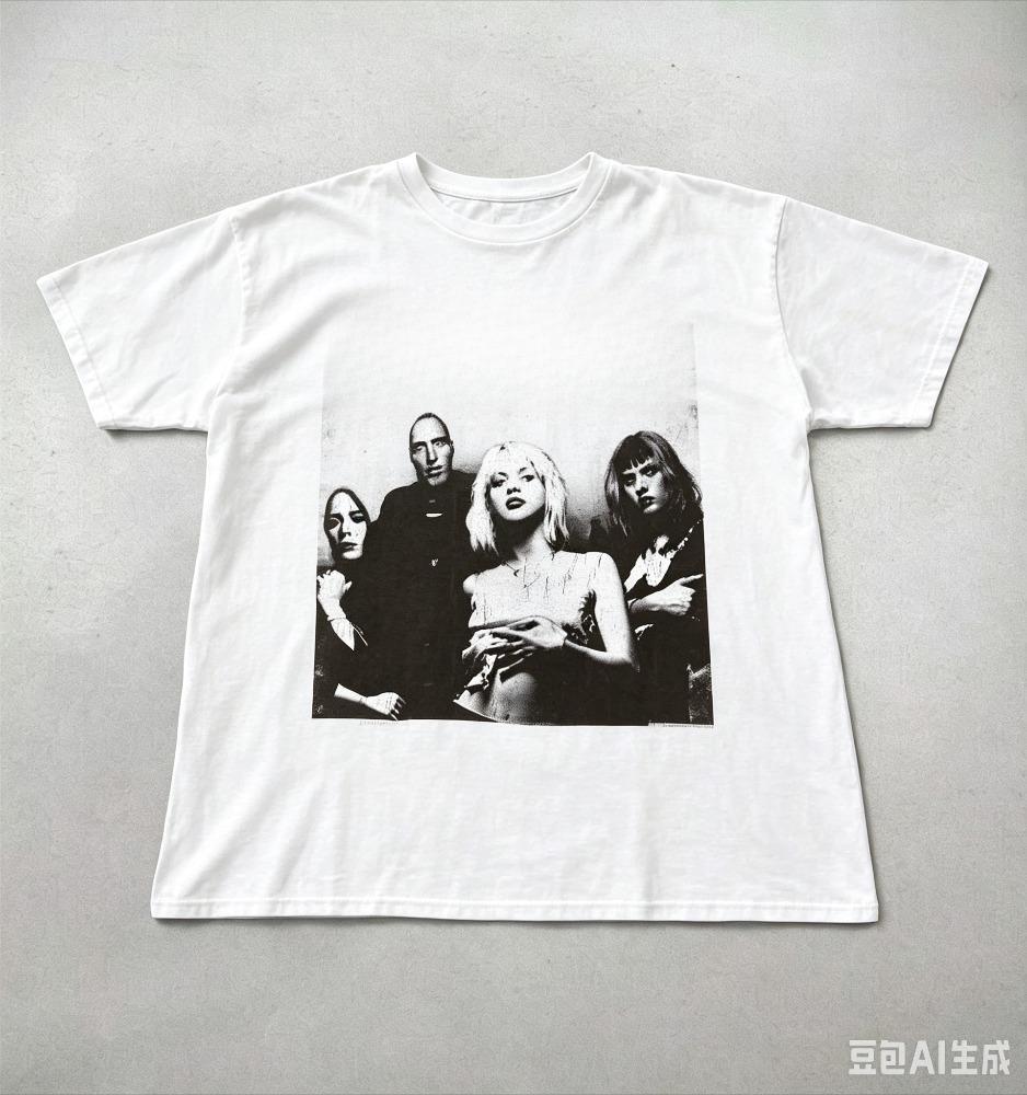 Black Vintage Monochrome Group Portrait Graphic T Shirt Distressed Handdrawn Style Top Logo Oversized Short Sleeve Unisex Tops