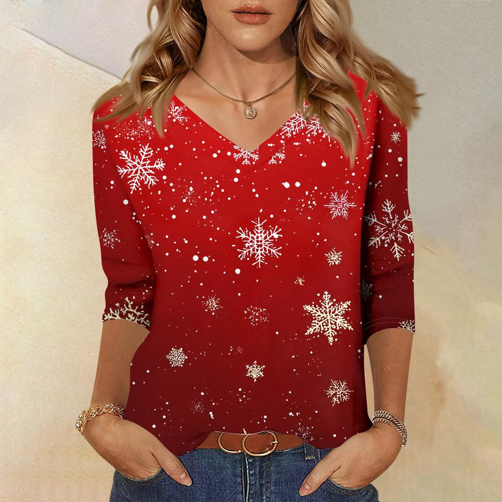 Women's T Shirt CHristmas Print 3/4 Sleeve Daily Weekend Fashion Basic V- Neck Regular Top