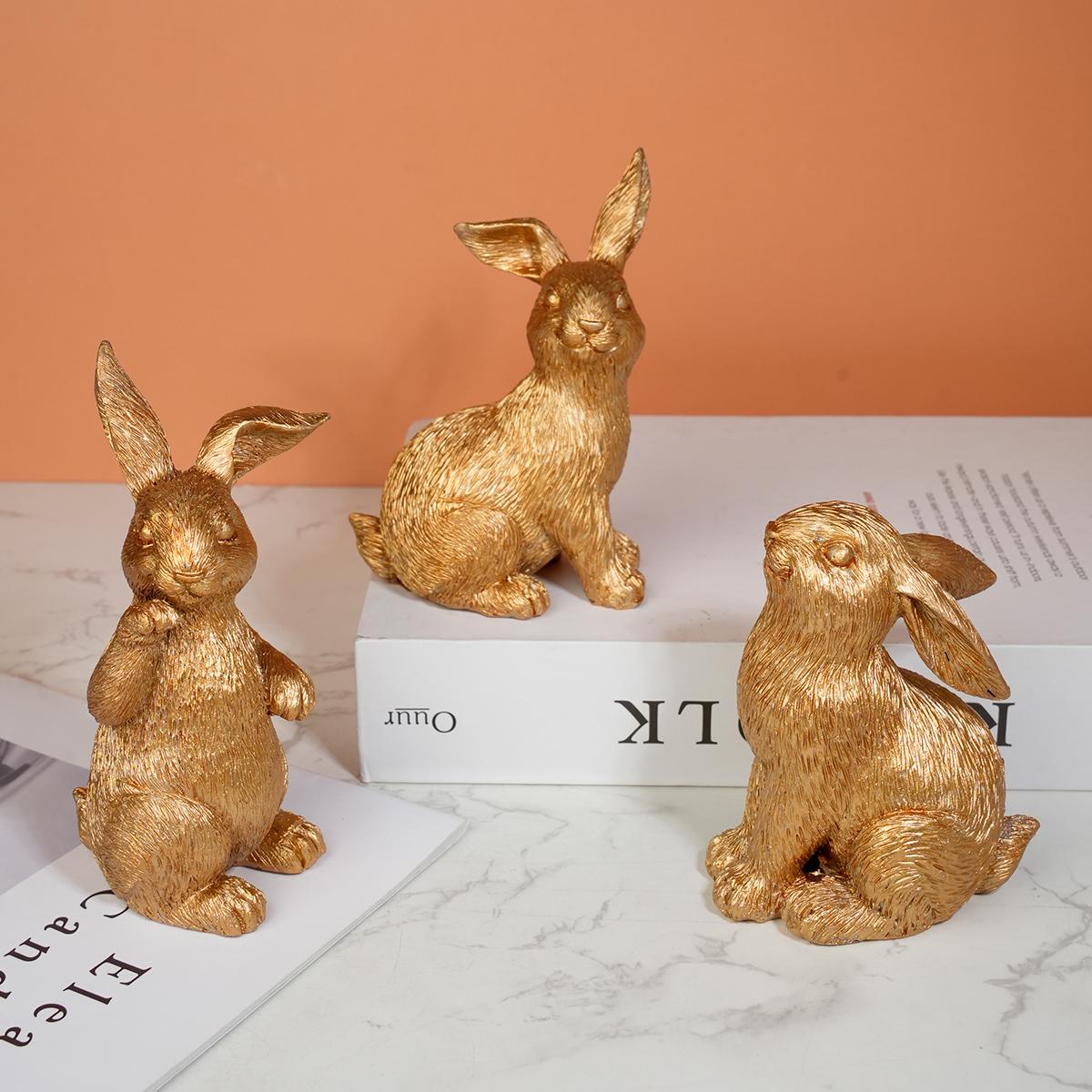 3-Piece Resin Rabbit Sculpture - Holiday Easter Decoration, Cute Rabbit Ornaments for Holiday Home Decoration dorato