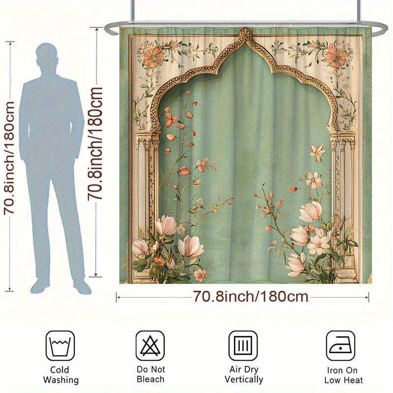1 ks Vintage květinový sprchový závěs - Růžový a bílý na zelené, 70,8 x 70,8 palců, Polyester, Omyvatelný, s 12 háčky | Dekorace do vany