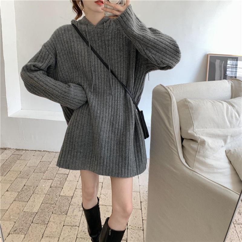 

Women s Mid-Length Hooded Sweatshirt, Autumn/Winter, Casual Loose Knit, Thickened Base Layer, Trendy Style. S сірий колір