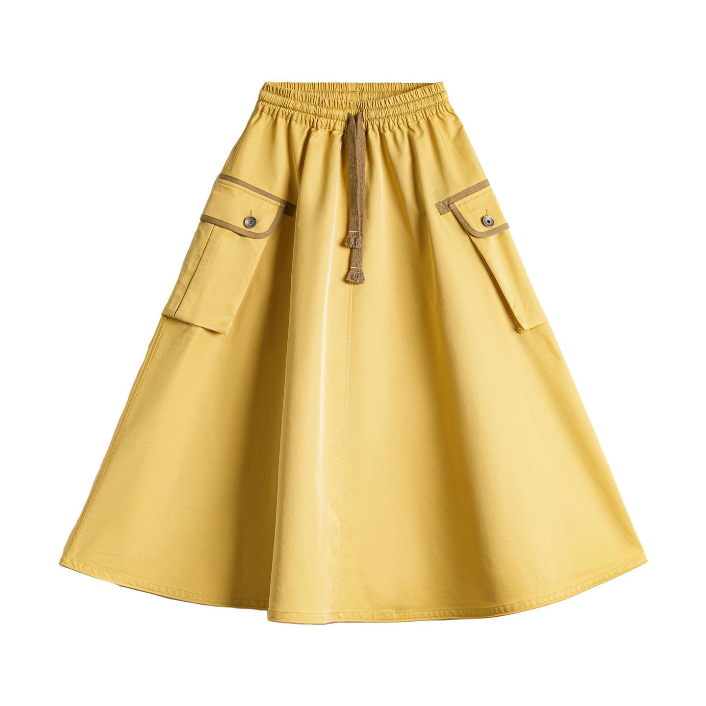 

Yellow American Retro Elastic Waist Midi Skirt - Women s A-line Umbrella Style Large