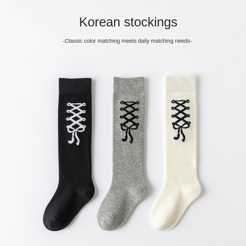 3pairs Girls' Knee-high Slouch Socks Black White Gray Bow Spring Stackable Tights For Kids 3-12Y Children Casual School Sockens