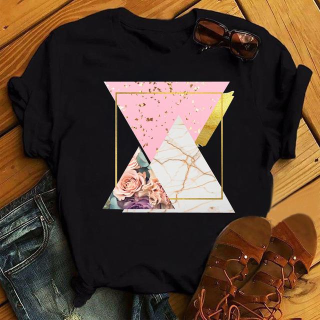 Neues Damen T-Shirt Mode Schwarz Tops Floral Geometrischer Druck T-Shirt Weiblich Lässig Kurzarm O-Ausschnitt T-Shirt Tops Kleidung