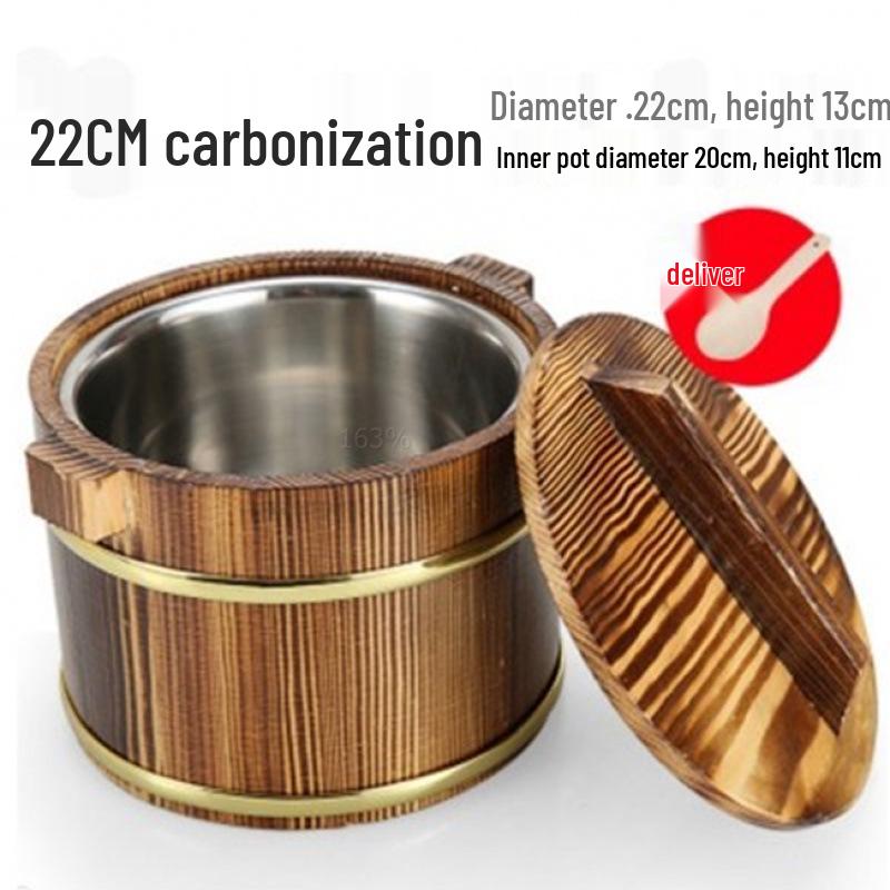 Wooden Rice Bucket with Lid: Insulated Serving Bowl and Spoon for Dining Table