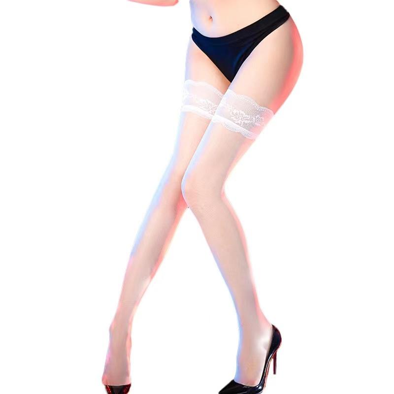 8D Oil Shiny Silk Transparent Medias Women Sexy Lace Top Silicone Thigh High Stockings Elastic Nylon Socks