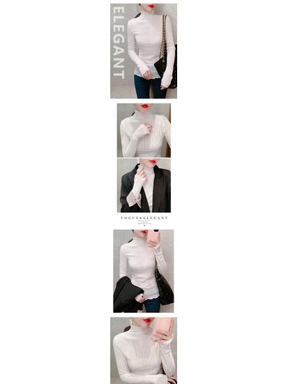 Women's High Neck Ruffle Silk Lurex Long Sleeve Shirt - Elegant Striped Base Layer for Autumn/Winter