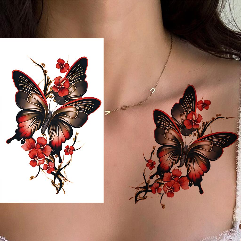 1 Sheet Sexy Butterfly Plum Rose Temporary Tattoos For Women Girls Watercolor Fake Flower Tattoo Sleeve Waterproof Decoration