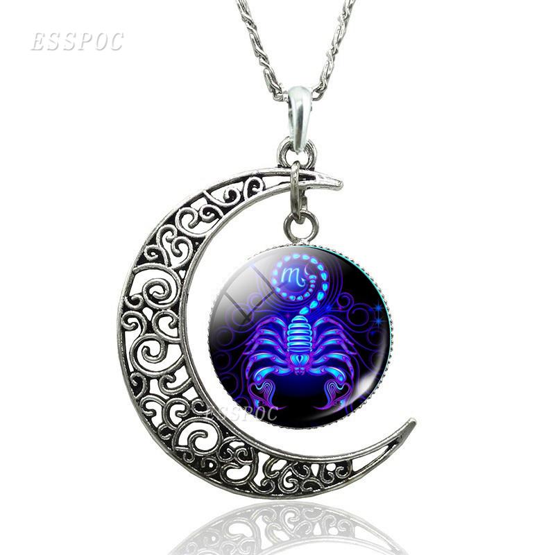 12 Constellation Necklace Zodiac Signs Cabochon Glass Crescent Moon Pendant Clavicle Chain Necklace Birthday Gifts for Women