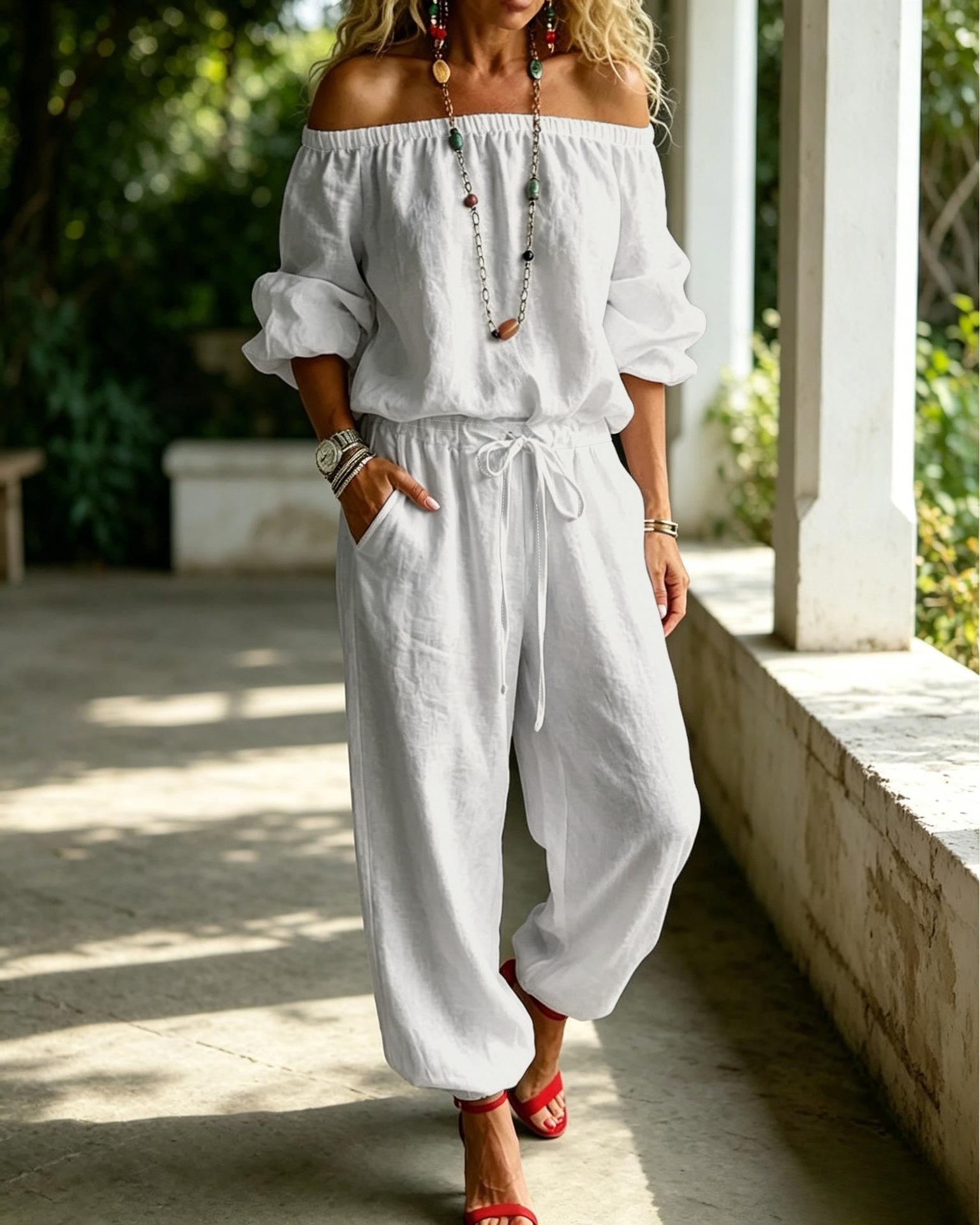 Women Off Shoulder Top And Drawstring Pants Set Casual Loose Fit Bell Sleeve Loungewear S