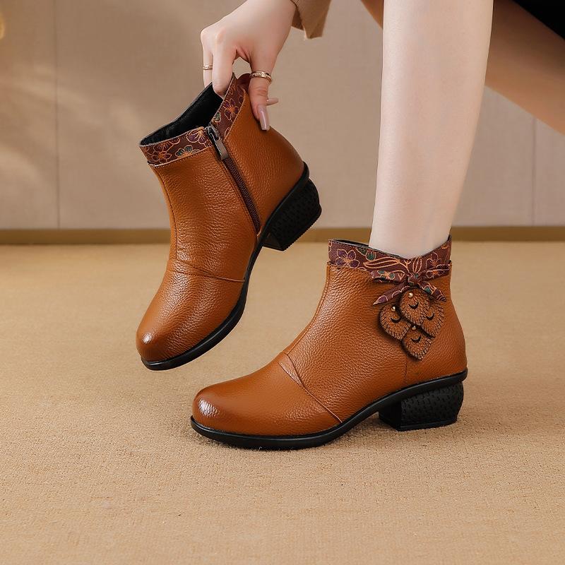 Johnature Genuine Leather Shoes Retro Ethnic Style Thick Heel Versatile Women's Short Boots