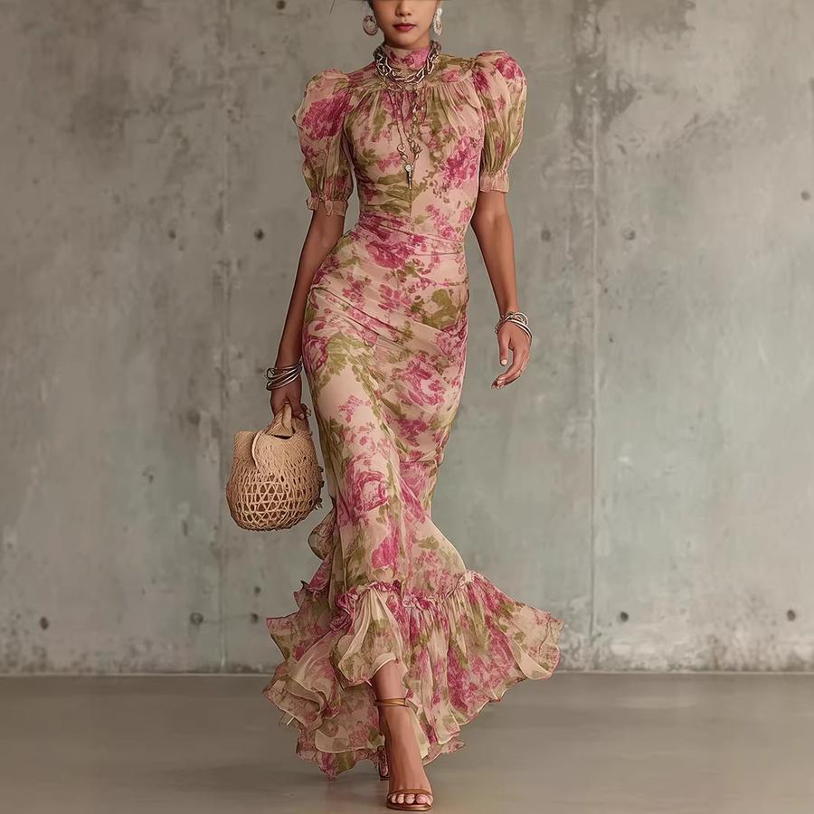 New French Bubble Sleeve Printed Slim Fit Long Dress Fashion Pleated Dress