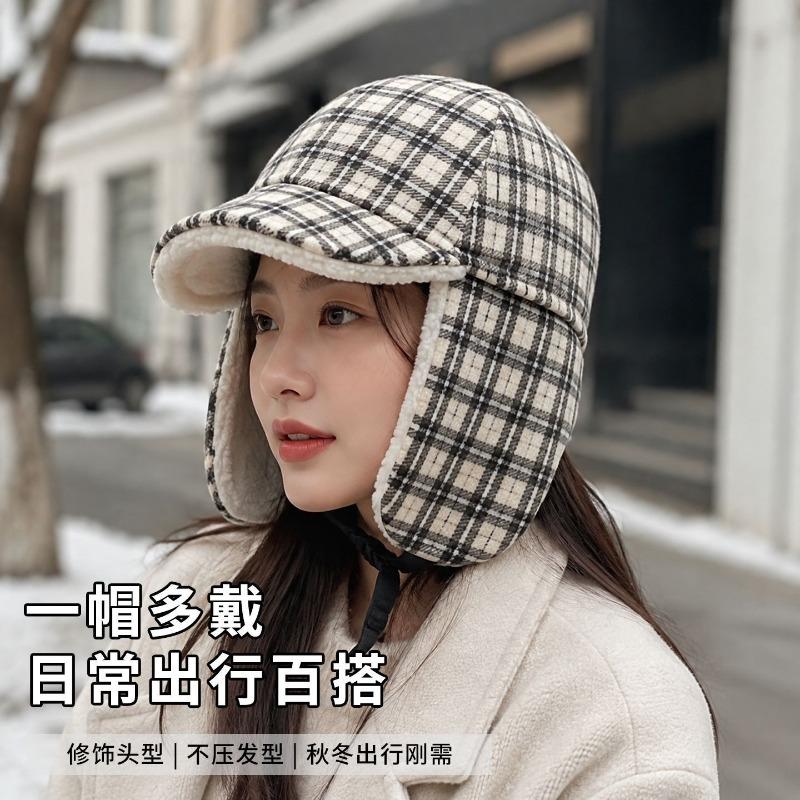 Women Retro Lamb Fleece Plush Earflap Hat Large Head Size Warm Riding Cap