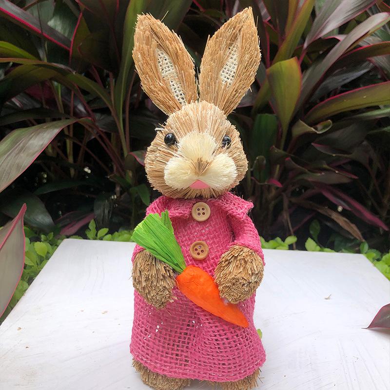 Easter Rabbit Decoration Straw Rabbit Ornament Creative Artificial Bunny Figure 25cm Home Holiday Cute with Flower Wreath