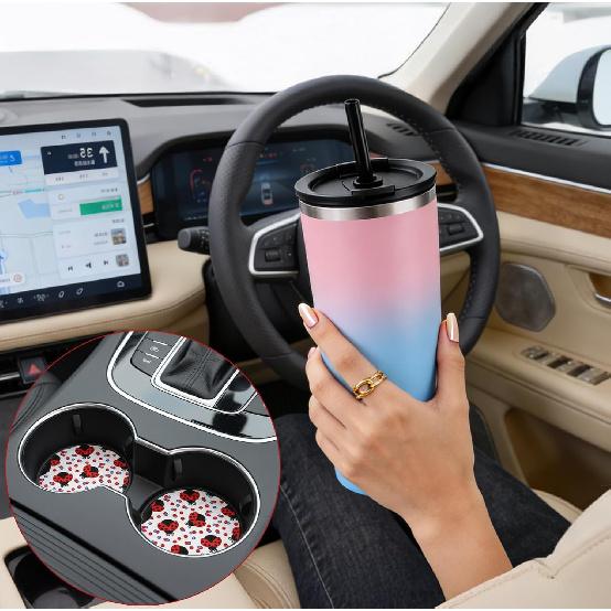 2 PCS Car Cup Holder Coaster Cute Ladybug Cup Coasters 2.75 in Universal Size Anti Slip Neoprene Rubber Automotive Cups Holder Decal Decor Interior