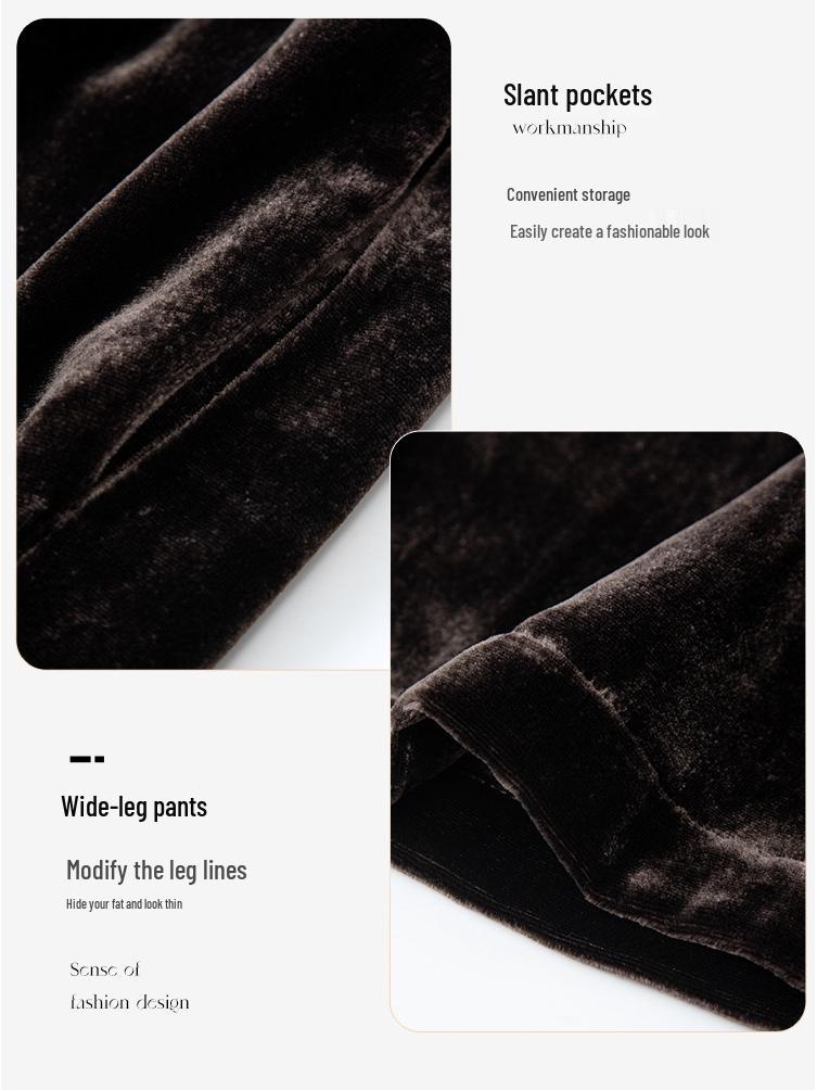 Silk Velvet High-Waist Wide-Leg Pants - Plus Size, Slimming, Mulberry Silk, Casual.