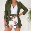 2 Stk./Set Damen Blazer Shorts Set Blumendruck Einfarbig Mantel Lange Ärmel