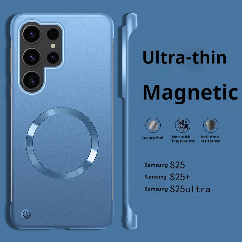 

Thin Metallic Paint PC For Magsafe Magnetic Case For Samsung S26 S25 Edge S24 S23 S22 Plus Ultra S24FE A56 A55 Borderless Cover For S25 синий