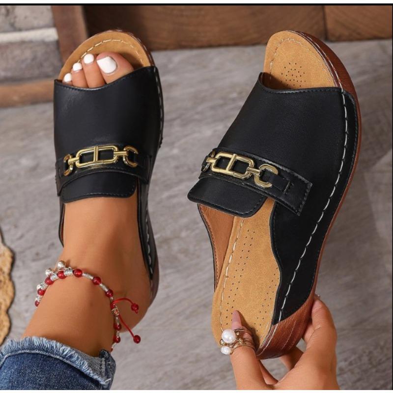Women's Slippers Summer New Metal Button Slides Shoes Wedge Beach Sandals Women Outside Platform Leisure Women Slippers
