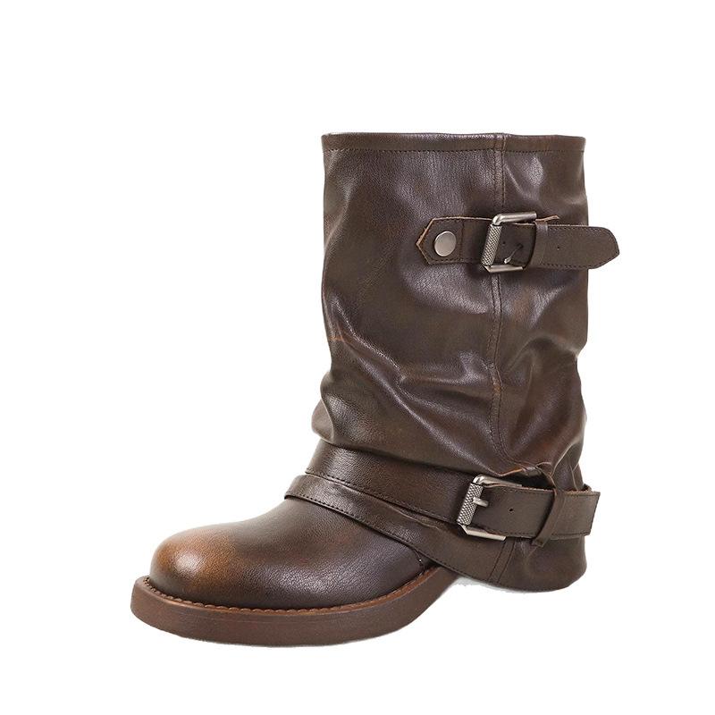 Autumn New Versatile Western Cowboy Boots Women's Pleated Stacked Martin Boots Retro Fashion Thick Heel Lolita