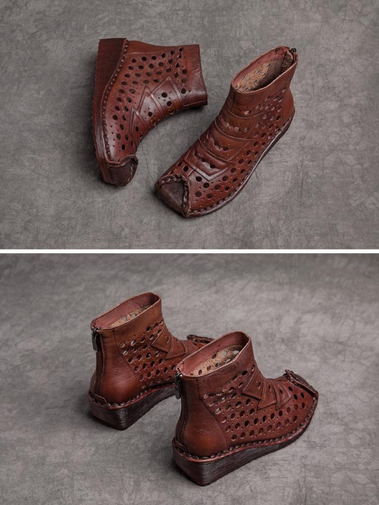 Johnature Genuine Leather Summer Hollow Out Boots Retro Handmade Round Toe Breathable Wedge Sandals Women's Shoes