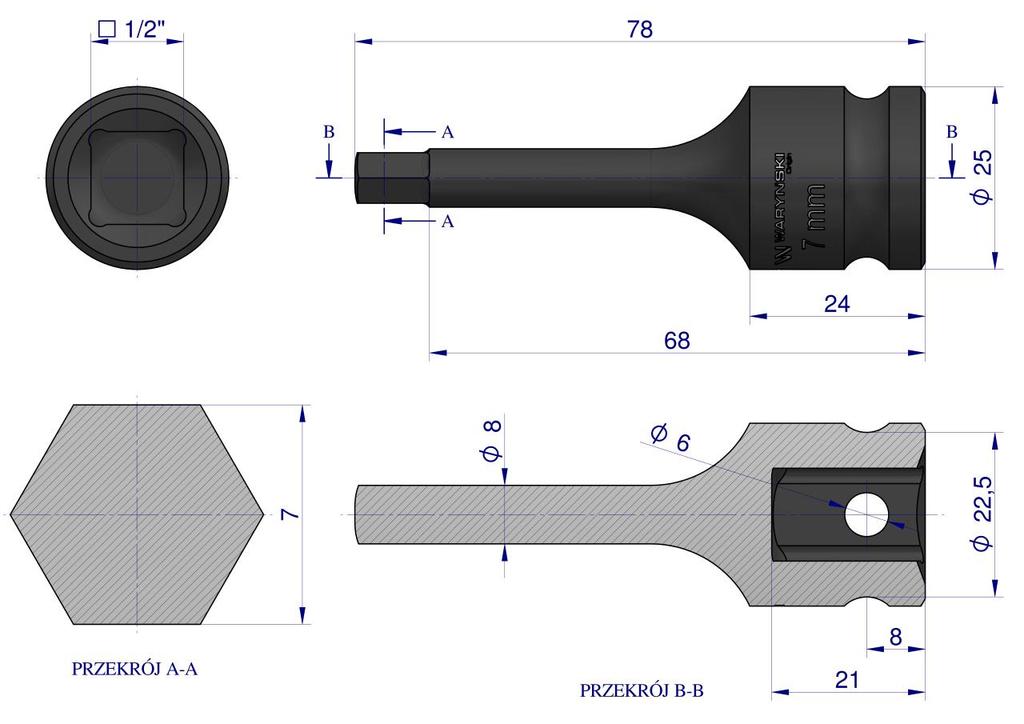 Impact socket 1/2", 7mm hex H7 made of CrMo steel, Waryński