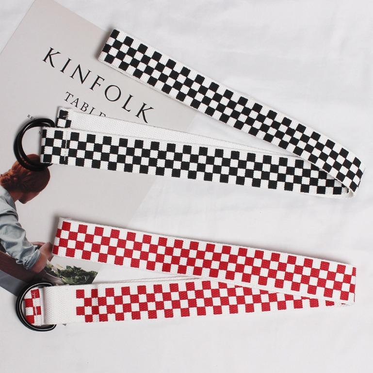 Hong Kong Style Street Trendy People Versatile Simple Black, Red and White Plaid Belt Double Buckle Super Long Webbing Hong Kong Style Belt