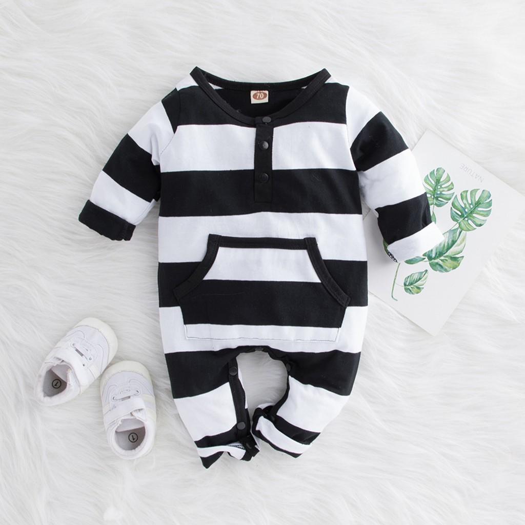 Infant Newborn Baby Boys Girls Striped Pocket Romper Jumpsuit Casual Clothes