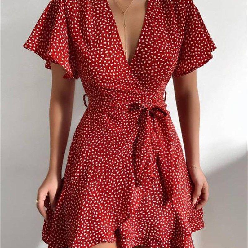 

2021 Summer New Style Vneck Ruffle Dress Women Red XL