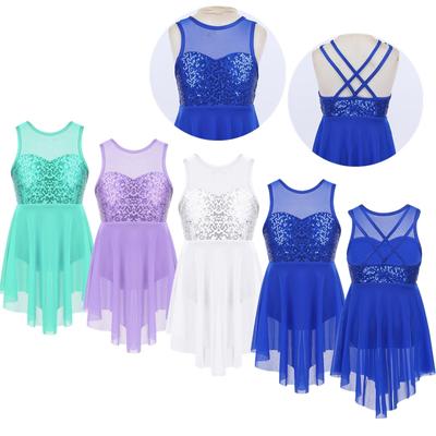 Çocuk Kız Bale Dans Leotard Elbise Payetler Çapraz Sırt Düzensiz Etek Lirik Dans Kostüm Elbise