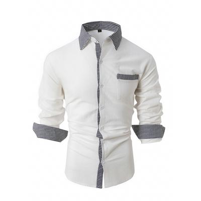 Men Top Spring Autumn Plaid Patchwork Cotton Shirt White Black Blue Loose Classic Shirts Lapel Neck Long Sleeve Shirts