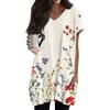 Top de damă la modă și casual cu gât în V, imprimeu floral, lungime medie, buzunar, mânecă scurtă