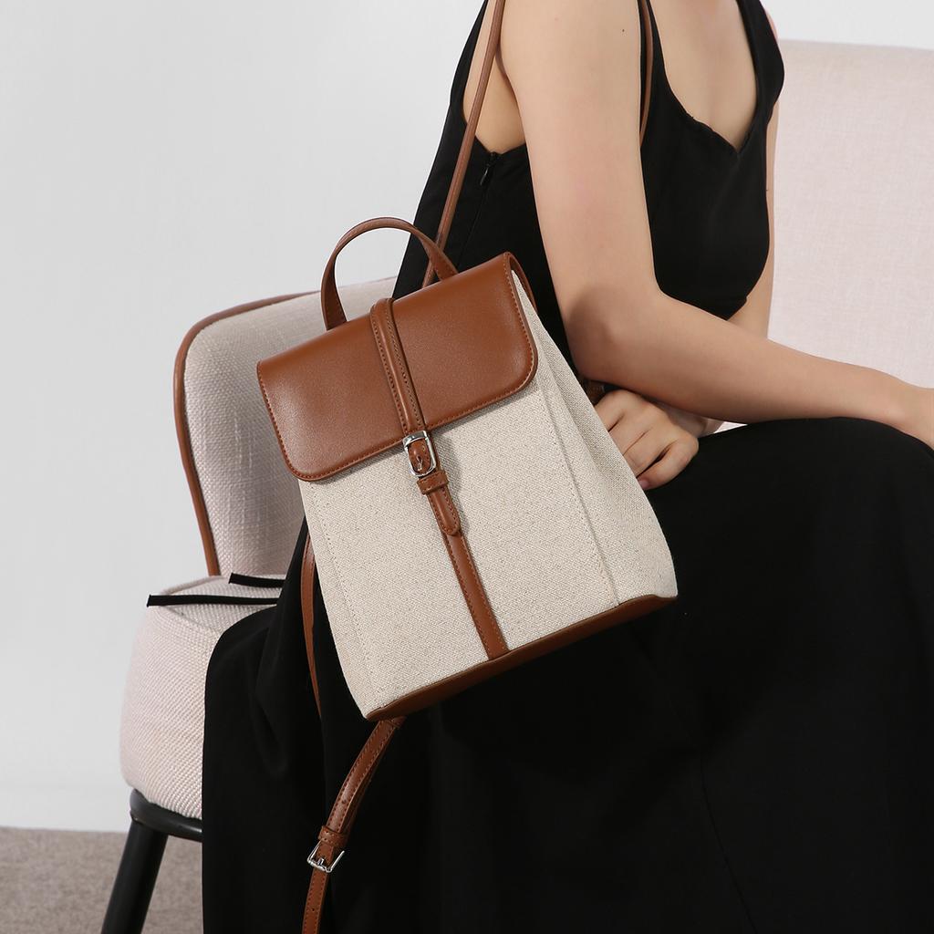 Summer new casual vacation-style leather and linen backpack with a French relaxed feel, large-capacity school bag