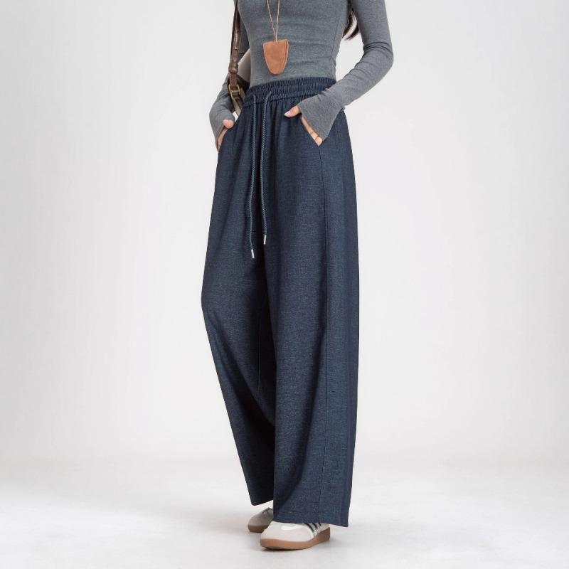 Denim Blue Sycamore Wide-leg Pants, Thickened Loose and Thin Splicing Casual Radish Tooling Pants In Autumn and Winter