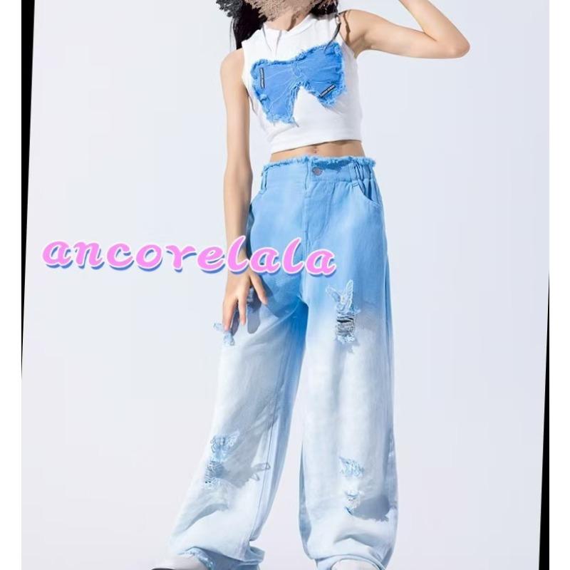 Girls' Summer Clothing Set Children's Sleeveless Perforated Jeans Two Piece Set Medium To Large Girls' Summer Fashion