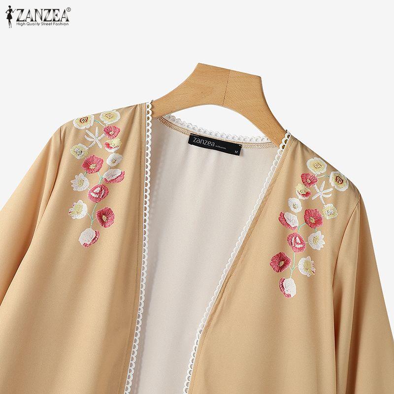 ZANZEA Damen Blumenmuster Locker Lässig Langarm Langer Cardigan Bluse