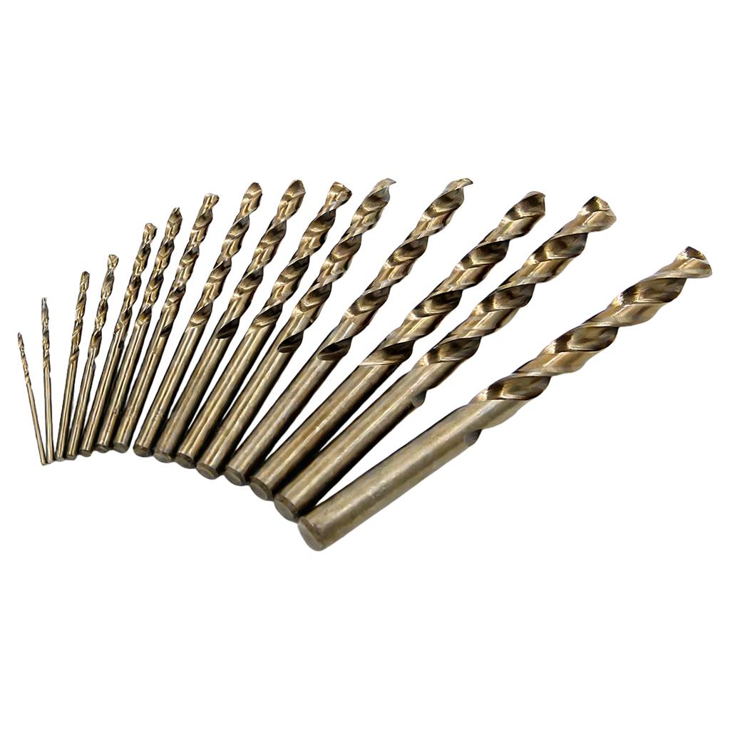 15pcs HSS Gold Cobalt Jobber Drill Bit Set with Straight Shank Twist Drill Bit Power Tools for Masonry Block Brick and Stone