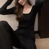 Big Round Neck Retro Temperament Contrasting Color Slim-fitting Bottoming Top Autumn Design Sense with Knitted Pullover Sweater Inside
