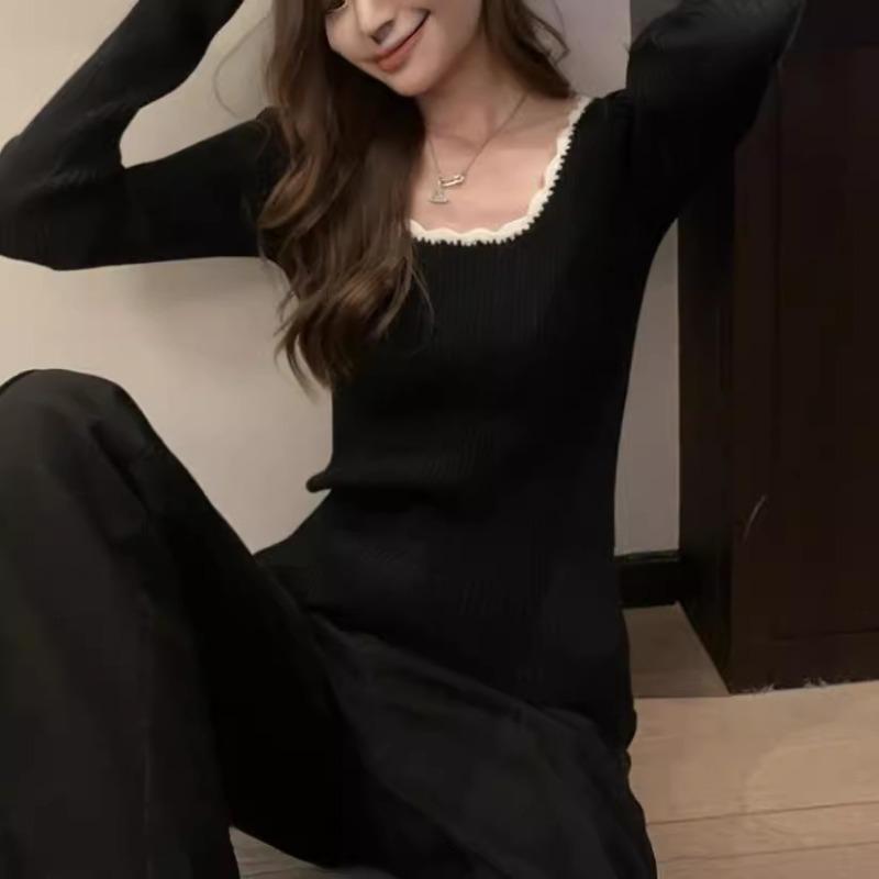 Big Round Neck Retro Temperament Contrasting Color Slim-fitting Bottoming Top Autumn Design Sense with Knitted Pullover Sweater Inside