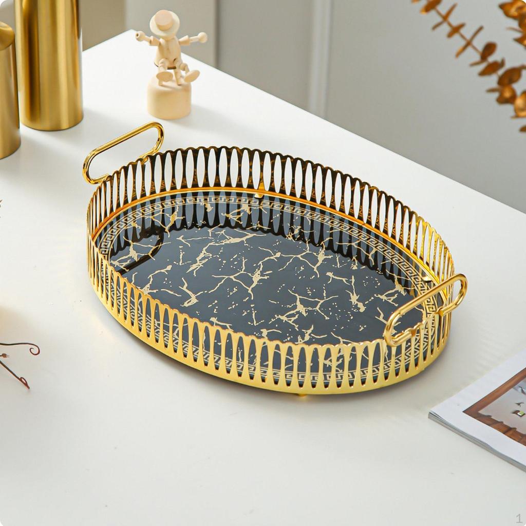 Oval Serving Tray Light Luxury Decorative Metal with Handles Versatile Marble Pattern Platter