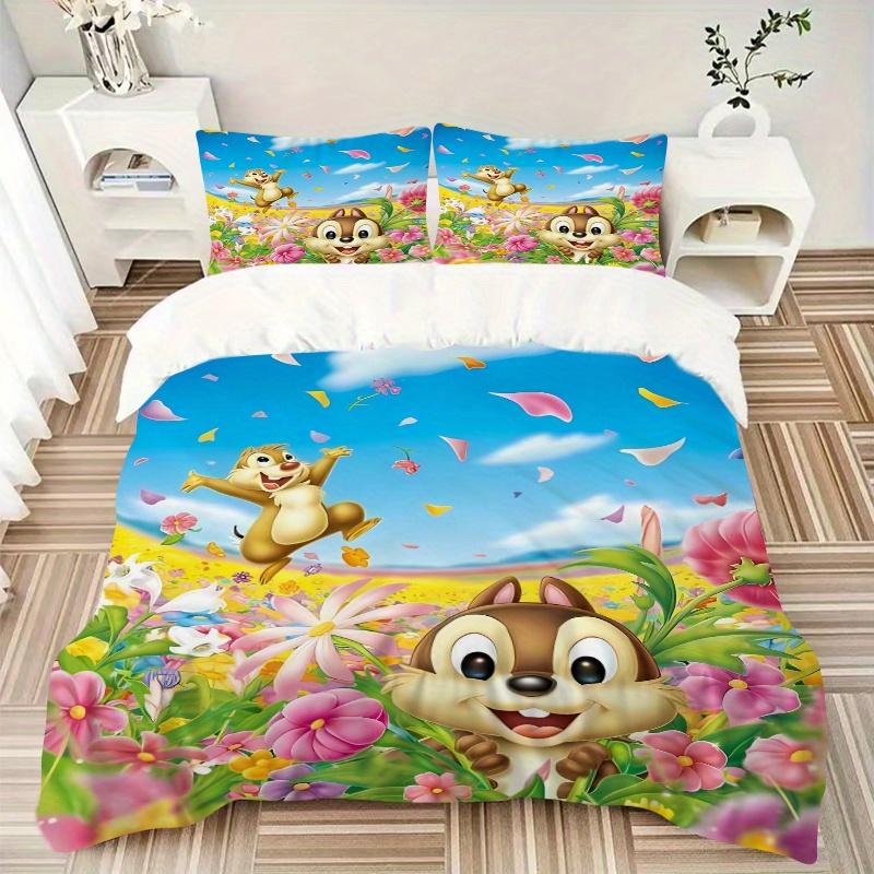 3pcs Chip & Dale Among the Flowers Quilt Cover Set - Soft and Cozy Bedroom, Guest Room and Dorm Decorative Bedding 3-Piece Set 1 Quilt Cover + 2