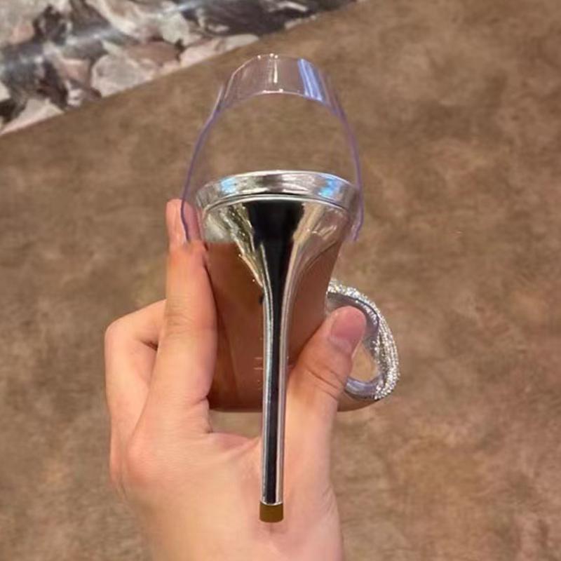 Luxury Cross Rhinestone Transparent PVC Women Sandals Pointed Toe Thin Heel Non-slip Slide Sandals Elegant Fashion Wedding Shoes