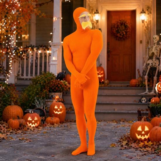 Xiaobudian Face Open Halloween Costume, Unisex Full Body Orange Bodysuit with Beard Eyebrows for Men Women, Adult Stretchy Cosplay Jumpsuit Party