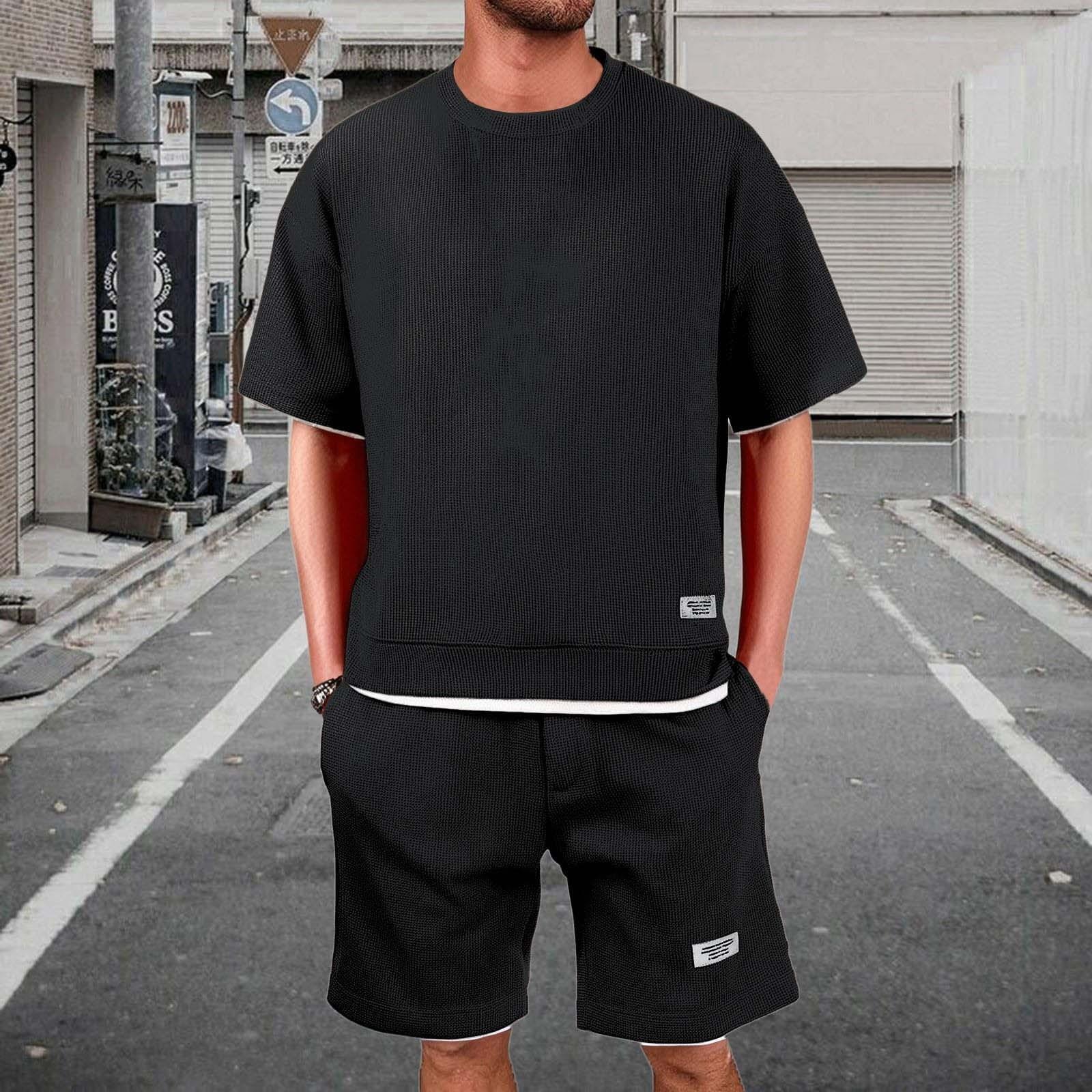 

Men s Shirt, Solid Color, Short Sleeved Shorts, Work Clothes, Men s Casual Cardigan, 2-piece Set L