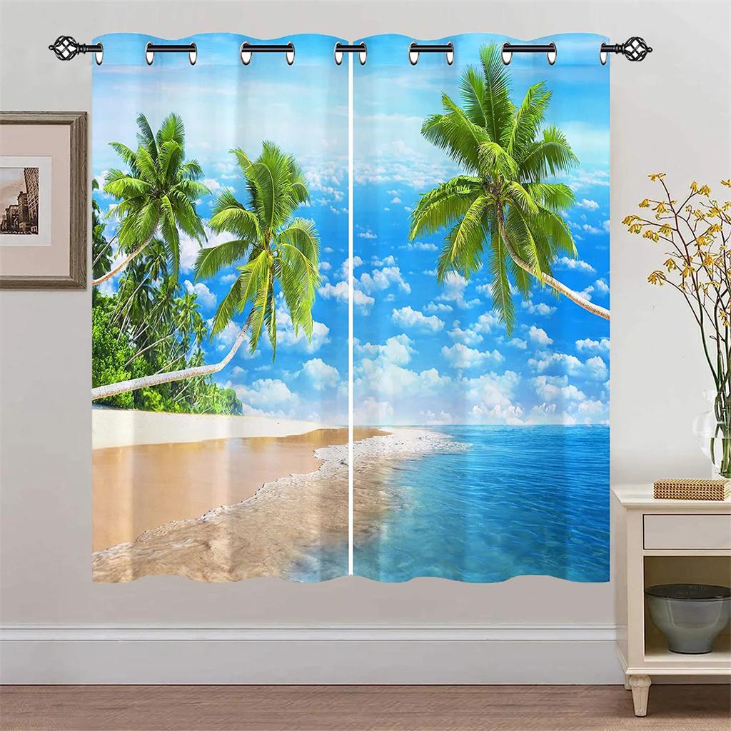 Fenstervorhang mit Sommer-/Strand-/Seestern-/Meeres-/Naturhimmel/Baum-Ansicht für Wohnzimmer, Kinder, Schlafzimmer, Badezimmer, Küchentür, Heimdekoration, 2 Stück